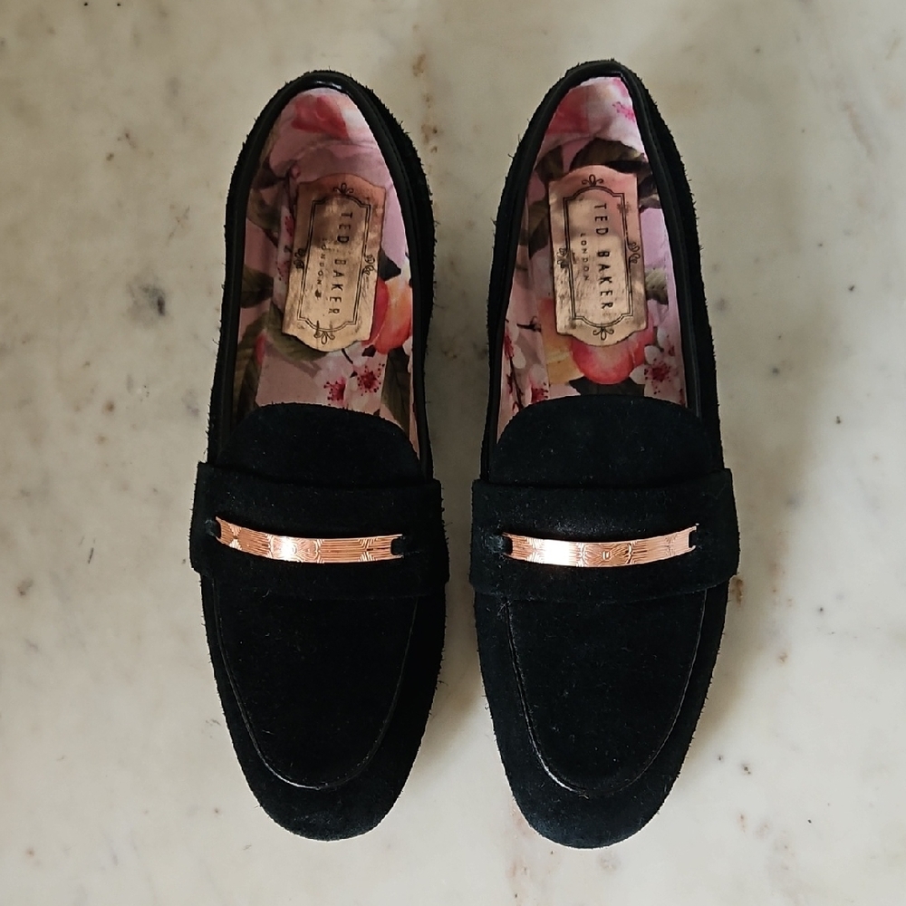 TED BAKER: Black Suede Rose Gold Logo Loafers